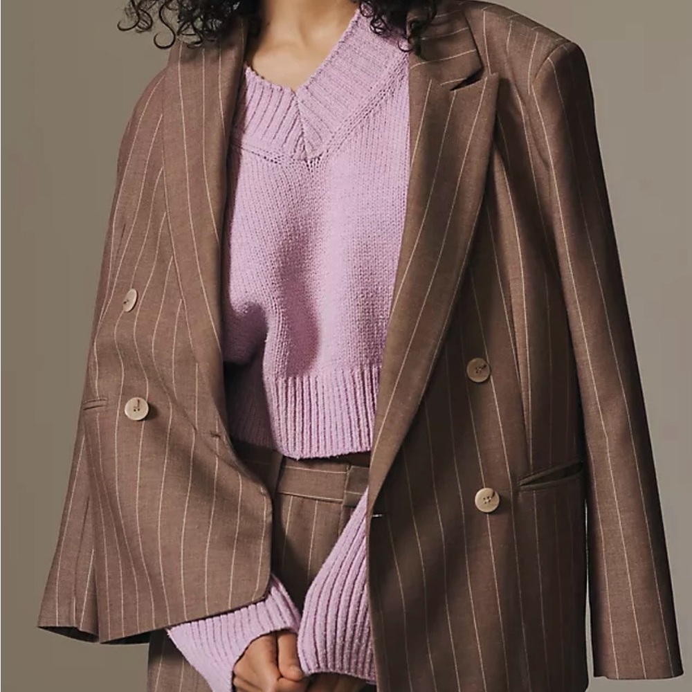Anthropologie Brown Double Breasted Striped Blazer XXS - Picture 3 of 10